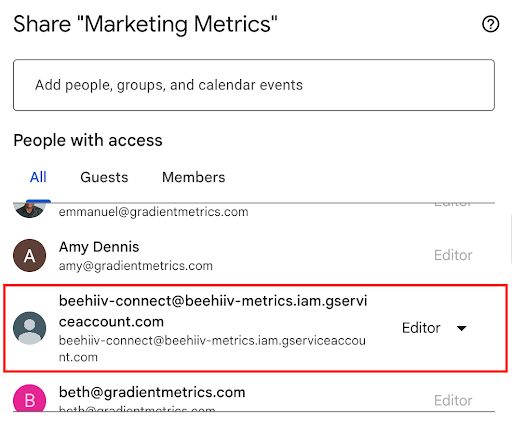 Granting access to the service account email ongooglesheet